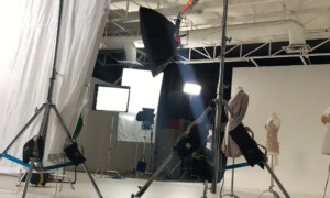 Location shot showing various lights and Chimeras and stand in use. Womens clothing shoot