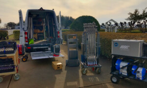 On Location image at sunset. All lights, gear and equipment outside the 3-ton Sprinter Van